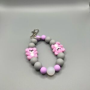 Cute Pink and Gray Teddy Bear Keychain Bracelet - Handmade K0232C